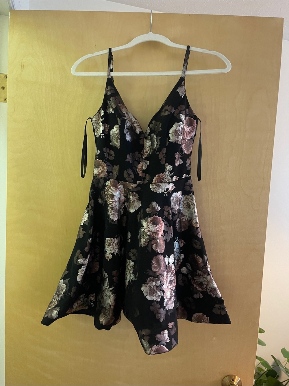 B Darlin Black Dress with Metallic Rose Floral Accents